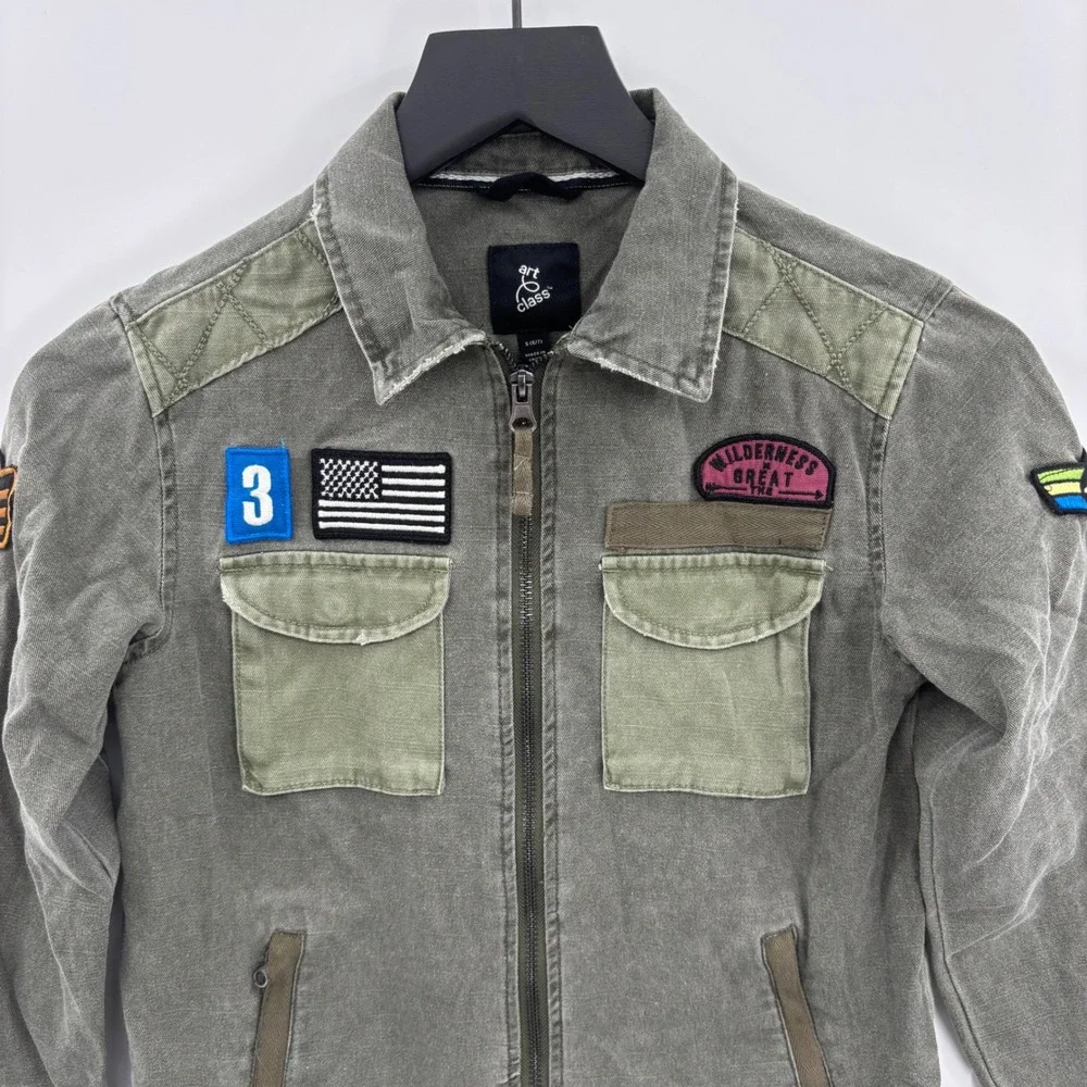Art Class Boys Utility Jacket Small 6 7 Olive Green Full Zip Cotton Patches New‎